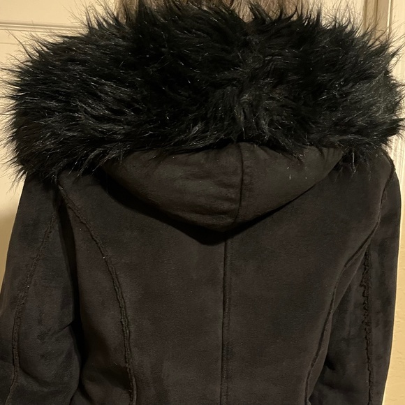 INC black faux suede jacket, faux fur cuffs & hood, size Junior Medium (9) - Picture 5 of 7